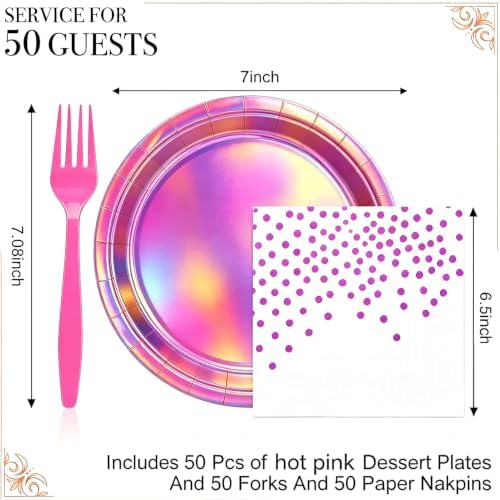 Iridescent 7inch Hot Pink Plates and Napkins for Birthday Party, 50 Guests - Image 2