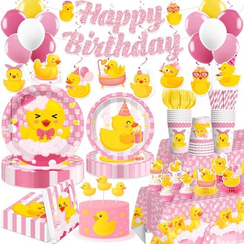 Xynic 215Pcs Pink Duck Birthday Decorations Tableware Set, Serves 25 by Unknown