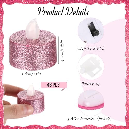 Retisee 48 Pcs Flameless LED Tea Lights Glitter Electric Fake Candles for Centerpieces Battery Operated Anniversary Decorations Romantic Winter Decor for Wedding Christmas Birthday (Pink) - Image 2