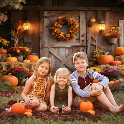 15x10ft Fall Backdrops for Photography Glitter Rustic Wooden Barn Door Fall Photo Backdrop Hay Bales Flowers Pumpkins Autumn Harvest Background Warm Thanksgiving Decorations - Image 5