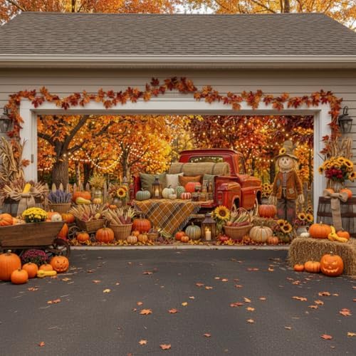 Fall Garage Door Cover 8x6ft Red Truck Pumpkin Scarecrow Harvest Decor - Image 6