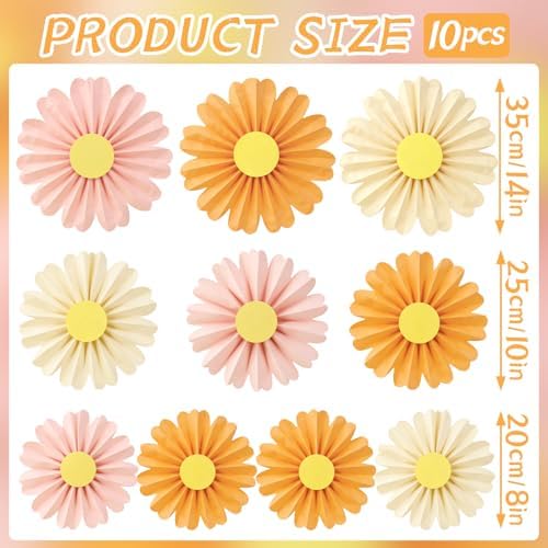 SUNBEAUTY 10 Pcs Daisy Paper Flowers Decorations Pink and Orange Flower Party Decorations Paper Fans Decor Hanging Paper Fans for Birthday Wedding Baby Shower Spring Garden Party Bulletin Board - Image 2