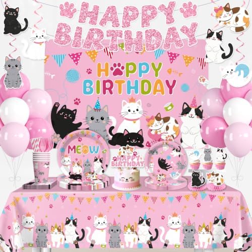 214Pcs Cat Birthday Decorations Tableware Set, 25 Serves by Yingoto