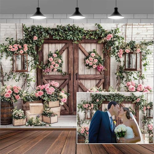 6x6ft Country Wedding Photography Backdrop Floral Rustic Roses Farmhouse Wooden Door Backdrop Pink Flower Birthday Baby Shower Wedding Bridal Party Banner Photo Booth Props Anniversary Background by Mtsxfy