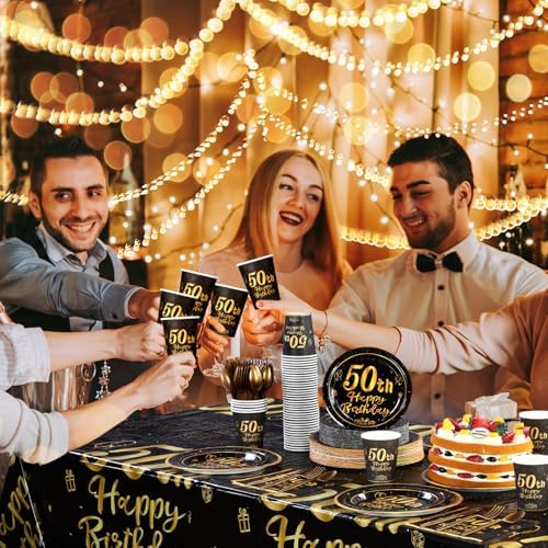 Funnymoom 452 Pcs 50th Birthday Party Decorations Set for Men Women, Black and Gold Happy 50th Birthday Paper Plates Napkins Cups Tablecloth Cutlery Straws for Cheers to 50 Years Anniversary Party - Image 4