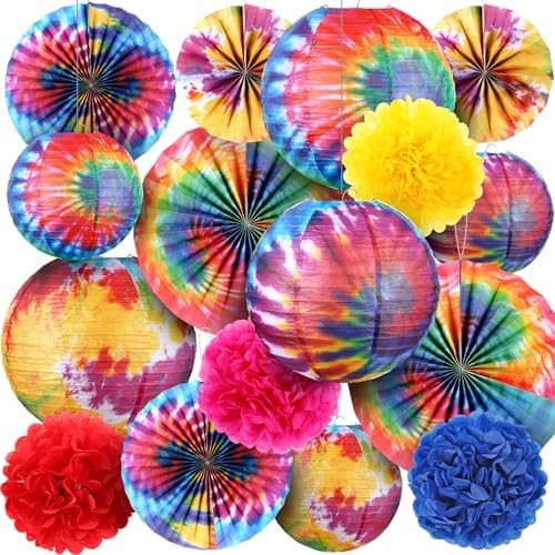 Hortsun 16 Pcs Tie Dyed Party Decorations Include 6 Pcs 12 "and 6" Groovy Hippie Hanging Paper Lanterns,6 Paper Fans -3 Size and 4 Flowers,60s Party Ceiling Wall Decor Chinese/Japanese Groovy Decor by Hortsun