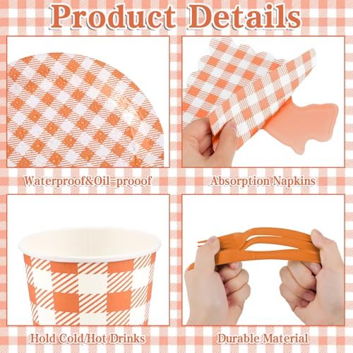 NatNarr 175 Pcs Orange Gingham Party Supplies Set For 25 Guests - Image 3