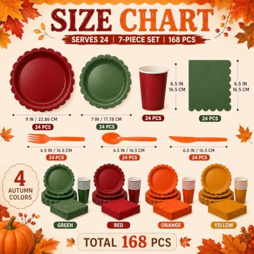 168Pcs Fall Paper Plates and Napkins Set Party Supplies Serve 24 - Image 2