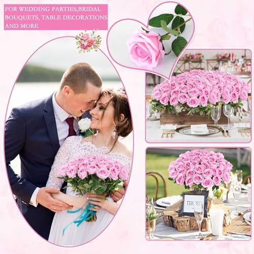 Hananona 50 Pcs Artificial Roses, Realistic Silk Pink Flowers Bulk - Image 5