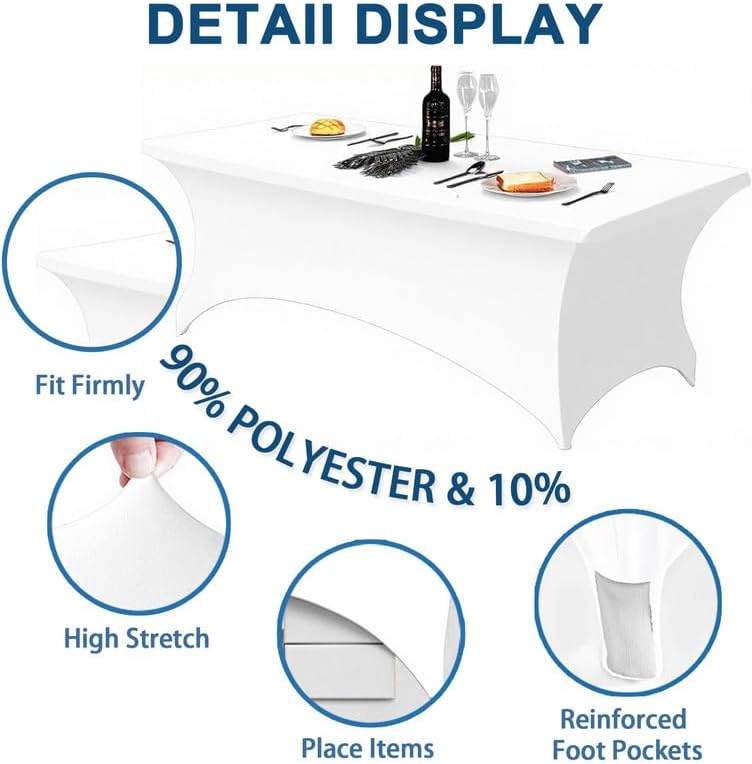 2 Pack 8FT Rectangular Spandex Tablecloth,Wrinkle Resistant Fitted Cover for 96x30 inch Banquet Table Cloth, Washable Stretch Fabric for Party, Events, Wedding, Vendor - White - Image 4