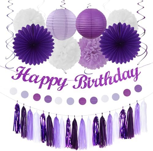 Purple-Lilac Lavender-White Happy Birthday Party-Decorations - 31pcs 20th Women Girls Paper Lanterns Streamers Banner,Tissue Pom Poms Decor,Flower Fans Tassels Graland Backdrop Supplies Hugmoon by PartyDecorations