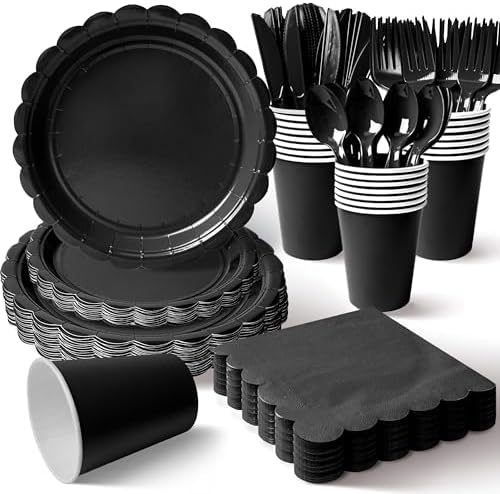 Vyntra 175 Pcs Black Paper Plates and Napkins Party Supplies by PartyTablewareSupplies