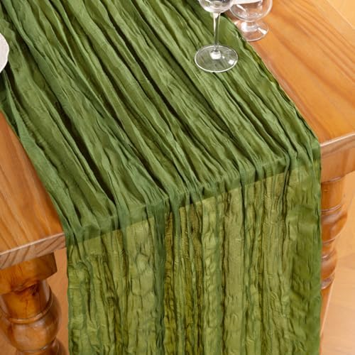 DeZerlor Olive Green Cheesecloth Table Runners 4 Pack Fall Runners - Image 2