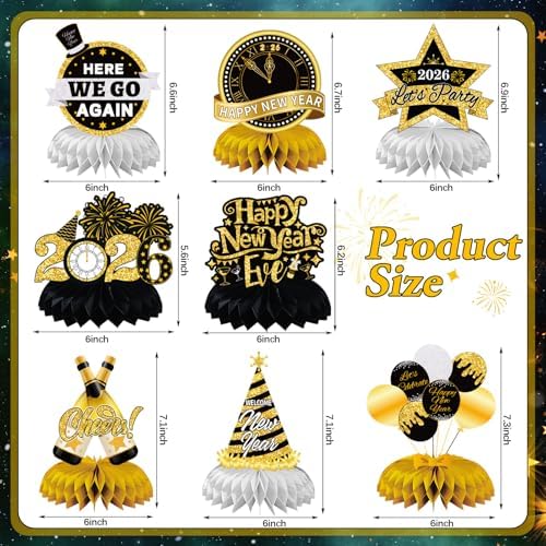 JULMELON 8PCS Happy New Year 2026 Decorations, Honeycomb Centerpieces - Image 2