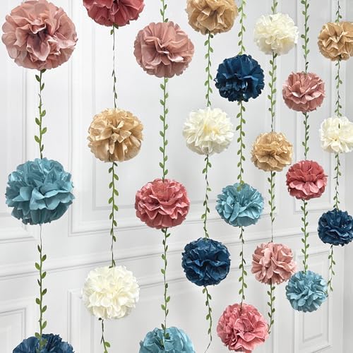 Dusty Rose Pink Blue Khaki Beige Tissue Paper Flowers Pom Pom with Leaf Ribbon Hanging Garland Streamer for Birthday Wedding He or She Pink or Blue Themed Party Decorations Supplies - Image 4