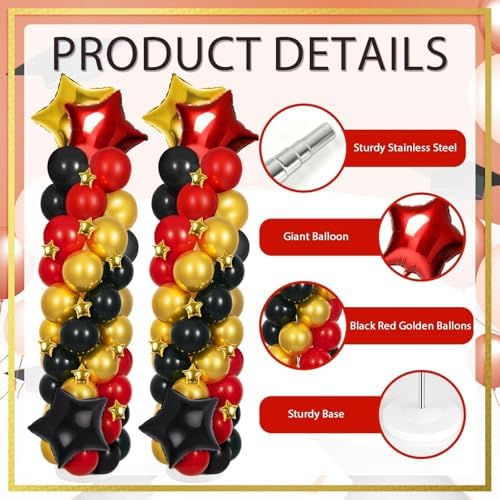 2 Sets Black Gold and Red Balloons Decorations Adjustable Balloon Column Stand Kits with 4 Stars Movie Night Garland Arch Tower Balloons for Wedding Baby Shower Birthday Party Decorations - Image 2