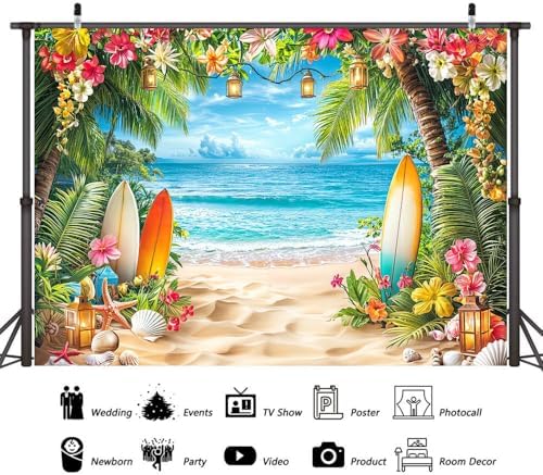 Summer Beach Ocean Backdrop, Tropical Hawaiian Palm Trees Flower Photography Background, Blue Sea Sky Luau Aloha Party Wedding Baby Birthday Bridal Shower Decoration Banner Photo Booth 15X10FT - Image 6
