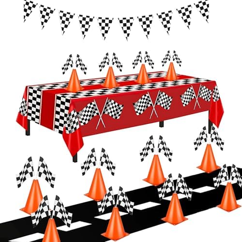 Racing Cars Birthday Decorations,Racecar Centerpiece Decoration - Orange Racing Cones(12), Checkered Flags (24), Plastic Tablecloth (54"x108"),Floor Runner,Banner Race Car Party(40pcs) by YOELVN