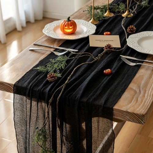 Halloween Black Cheesecloth Fall Table Runner 120 Inch Party Decorations by KEKETOARRANGE
