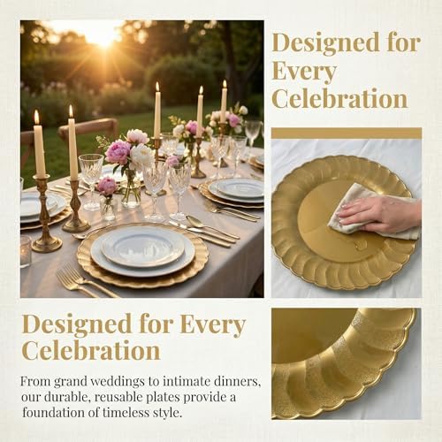13 Inch Gold Scalloped Charger Plates with Gold Rim (Set of 6), Round Wave Plastic Serving Plates for Weddings, Bridal Showers, Birthday Parties, Catering & Table Decorations - Image 6