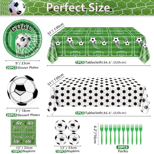 Soccer Party Supplies Kit Serve 20, Disposable Tableware Set Includes Dinner Plates, Dessert Plates, Napkins, Forks, Tablecloths for Boys Birthday Sports Theme Party Decorations - Image 2