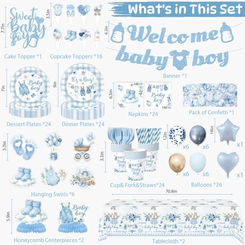 224PCS Blue Baby Boy Baby Shower Decorations,Serves 24 - Image 4