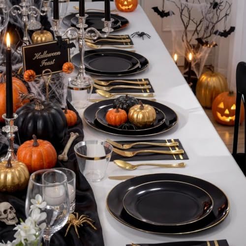 NOCCUR 350PCS Black and Gold Plastic Plates - Black Disposable Dinnerware Set for 50 Guests, 100 Dinner/Dessert Plates, 150 Gold Silverware, 50 Cups&50 Napkins for Party/Birthday/Halloween - Image 4