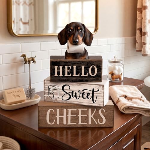 Moucuny 4 Pcs Farmhouse Dachshund Bathroom Decor, Hello Sweet Cheeks, Wood - Image 2