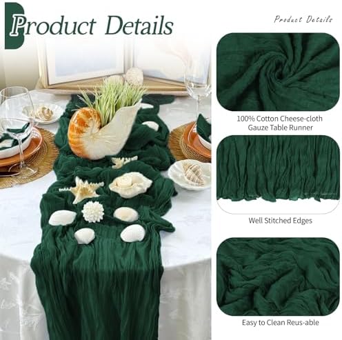 3 Pack Emerald Green Cheesecloth Table Runner 17x108 Inch Semi Sheer Boho Gauze Cheese Cloth Fabric Table Runners Table Decor for Wedding Party Baby Shower Birthday Home Decor Garden Farmhouse - Image 5