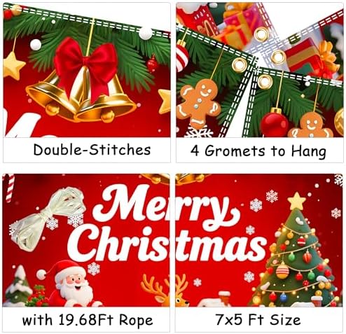 7x5ft Merry Christmas Backdrop Christmas Party Decoration Banner Xmas Backdrops for Wall Snowy Winter Santa Claus Elk Gifts Banner New Year Eve Family Party Supplies with 19.68ft Ribbon - Image 3