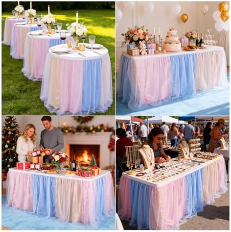 THARAHT Tulle Table Skirt 14FT 420CM Long for Rectangle Tables Round Tables Ruffle Desk Skirt for Princess Girls Birthday Party Cake Dessert Decorations Table Skirt - Image 6