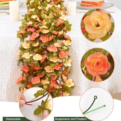 2 Pcs 16.5Ft Flower Garland Rose Vines, Orange Floral Garland Flower Vines - Image 4