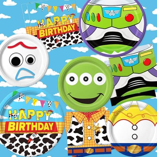 90Pcs Cartoon Birthday Party Supplies Cartoon Plates Napkins Tableware for Toy Theme Birthday Decor for 30 Guests - Image 5