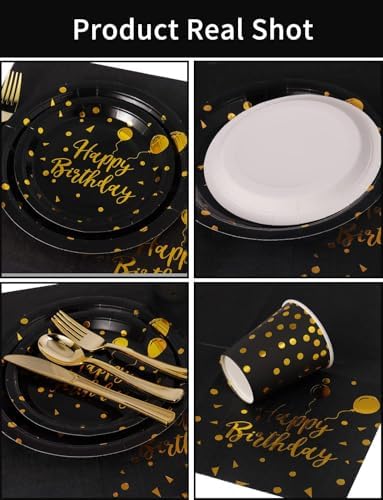 Nkaiso 161 Pcs Black Gold Birthday Plates and Napkins Set -20 Serves - Image 2