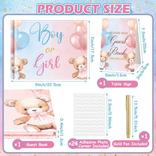 Fuyoooo 27 Pcs Gender Reveal Guest Book Set Blue Pink Bear with Gold Pen - Image 3