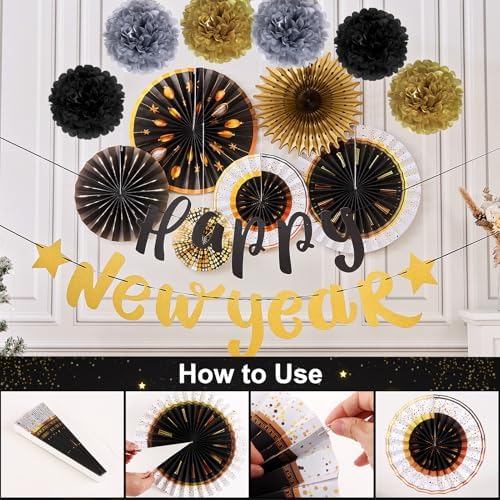 SUNBEAUTY New Years Eve Party Supplies 2026, Happy New Year Decorations Black Gold Hanging Paper Fans Tissue Pom Poms Happy New Year Banner for 2026 New Year Party Favor Supplies Decorations - Image 4