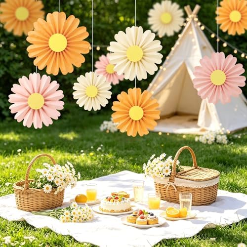 SUNBEAUTY 10 Pcs Daisy Paper Flowers Decorations Pink and Orange Flower Party Decorations Paper Fans Decor Hanging Paper Fans for Birthday Wedding Baby Shower Spring Garden Party Bulletin Board - Image 5