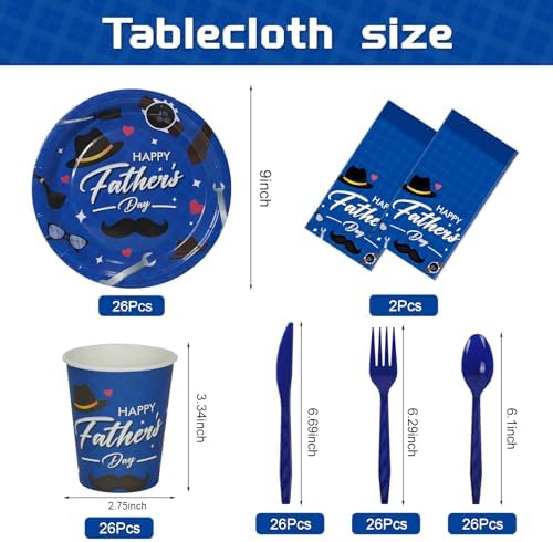 Childom Fathers Day Decorations for Party,132 Pcs Disposable Fathers Day Plates Tablecloth Cups Knives Spoons Forks for Party Supplies,Plates Tableware for Dads Birthday,Home,Brunch,Dinner,Serves 26 - Image 2