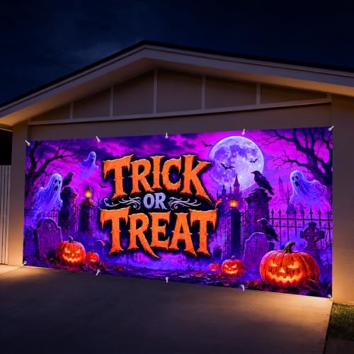 7 x 16 ft Trick Treat Halloween Garage Door Decorations Halloween decorations Door Cover, Blacklight UV Reactive Hanging Banner for Home, Outdoor, Indoor, Spooky Party, Wall, Window by THISFIND