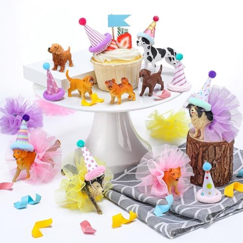 Weysat 27 Pcs Dog Cake Topper with Party Hats Pom Poms Animal Figures by Weysat