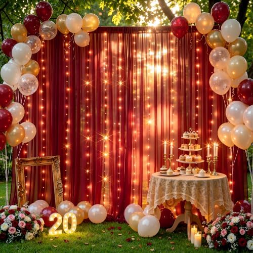 Shillance 20ft x 10ft Burgundy Backdrop Curtain with Lights String for Parties, Sheer Tulle Wedding Photo Backdrops Drapes for Baby Shower Birthday Party Decorations Background for Photography - Image 7