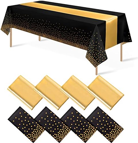 8Pack Disposable Plastic Tablecloths and Satin Table Runner Set Black Gold Dot Table Cloth Gold Satin Table Runner for Graduation Wedding Birthday Baby Shower Anniversary Holiday Party Decorations by MASHAN