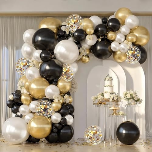 Double Stuffed Black Gold White Confetti Balloon Arch Kit 129 Pcs by Vanjehou