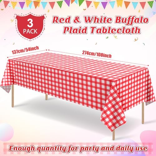 3 Pack Red and White Plastic Checkered Tablecloth, Premium Decorative Disposable Red Gingham Plaid Table Cloths for Parties, Rectangle Party Table Cover for Picnic Farm Birthday Wedding, 54x108 Inch - Image 2