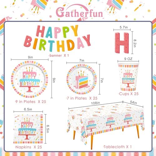 Happy Birthday Party Supplies Set for 25 -Kit with Cake Design Includes Plates, Napkins, Cups, Tablecloth & Banner - for Boys & Girls Birthday Party Decorations - Image 2
