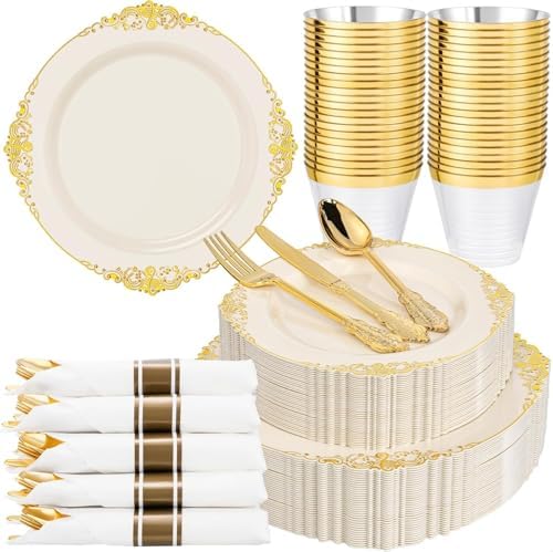 Nervure 175Pcs Ivory Plastic Plates, Disposable Party Plates for 25 Guests by Nervure