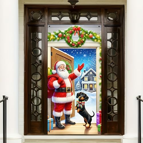 BlissYard Christmas Door Cover Santa Dachshund 70x35 Inch Polyester by BlissYard