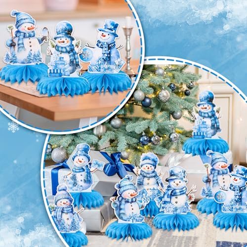 Whaline 10Pcs Winter Honeycomb Centerpieces Blue Watercolor Snowman Honeycomb Decor Winter 3D Table Decoration for Xmas Holiday Birthday Party Supplies - Image 7
