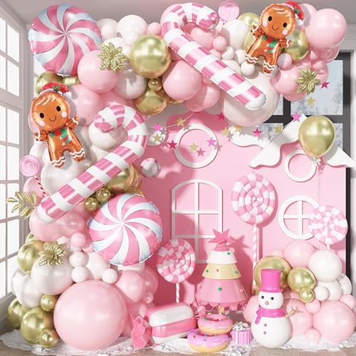 Pink Christmas Balloon Arch Kit, Pastel Baby Pink White Gold Christmas Balloons with Gingerbread Man Candy Cane Swirl Lollipop Foil Balloon for Xmas Birthday Baby Shower Party Decorations by Froova