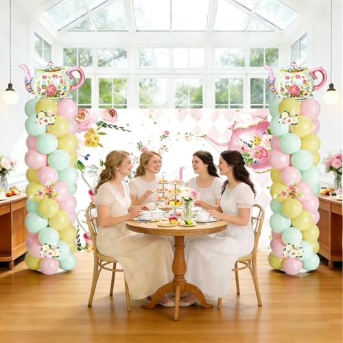 2 Sets Tea Party Balloon Column Stand Kit with Let's Partea Backdrop & 100 Balloons Adjustable Balloon Tower Stand with Bases for Girls Birthday Baby Bridal Shower Garden Party Decor Supplies - Image 7